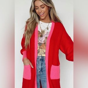 Long Red Vestique Cardigan with Hot Pink Accents 🩷